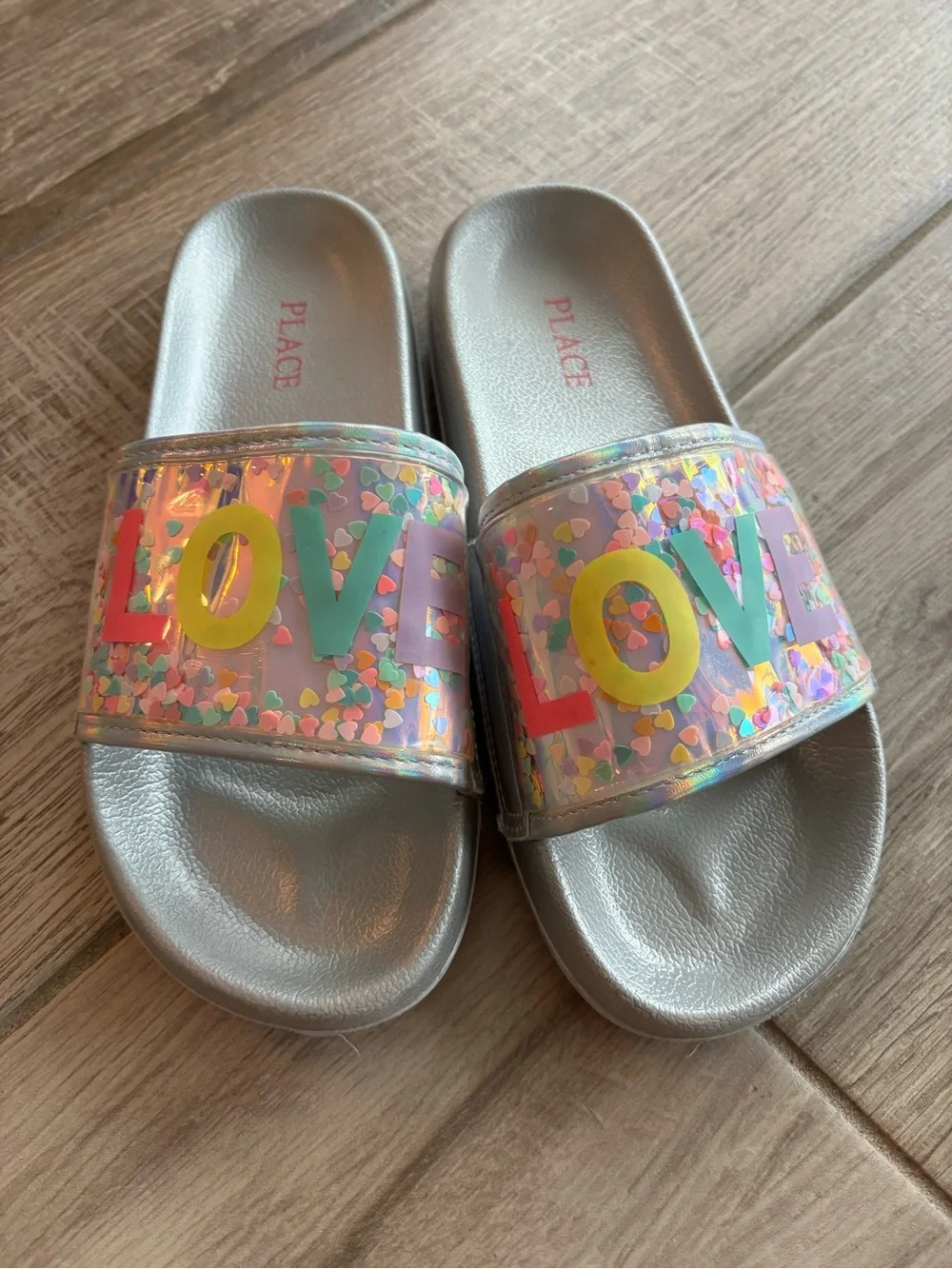 Place Girls' Silver Slide Sandals with Multicolor 'LOVE' Glitter Strap